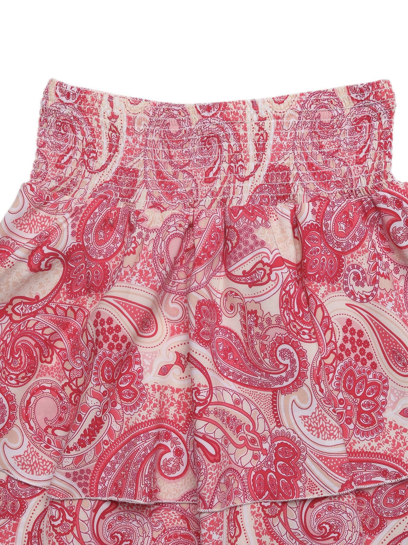 Paisley print smocked crop top with frill detail in pink and cream.