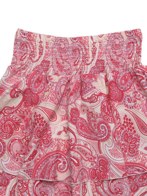 Paisley print smocked crop top with frill detail in pink and cream.