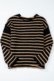 Black and tan striped slouchy knit jumper with crew neck.