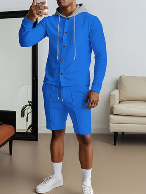 Men's Casual Hooded Button-up Shirt And Shorts Set, side view