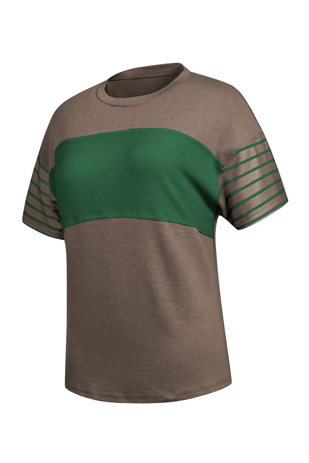 Colorblock raglan tee in tan with a green chest stripe and striped sleeves.