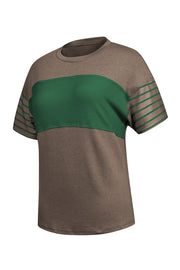 Colorblock raglan tee in tan with a green chest stripe and striped sleeves.