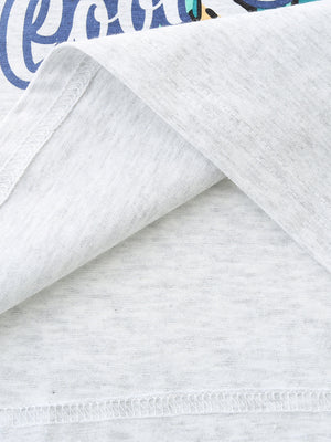 Light grey cotton t-shirt showing hem detail and graphic text.