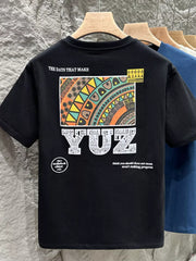 Black cotton crew t-shirt with abstract graphic print and text.