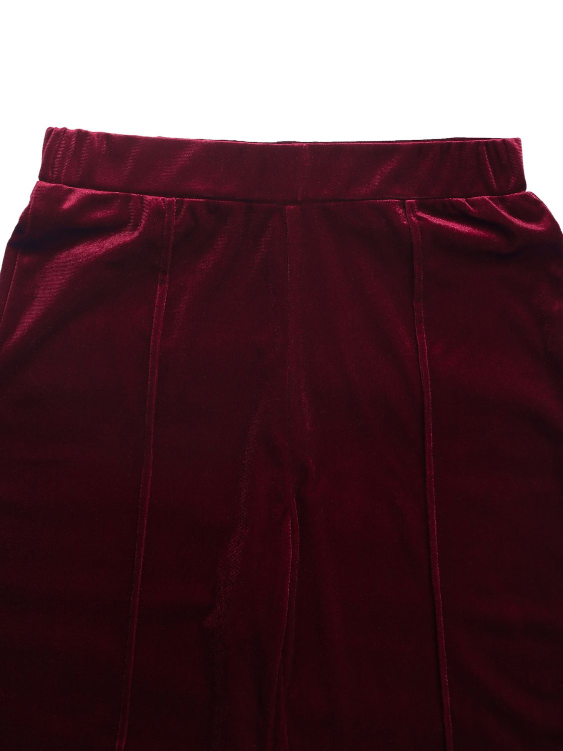 Burgundy velvet palazzo trousers with seam detail and elastic waistband.
