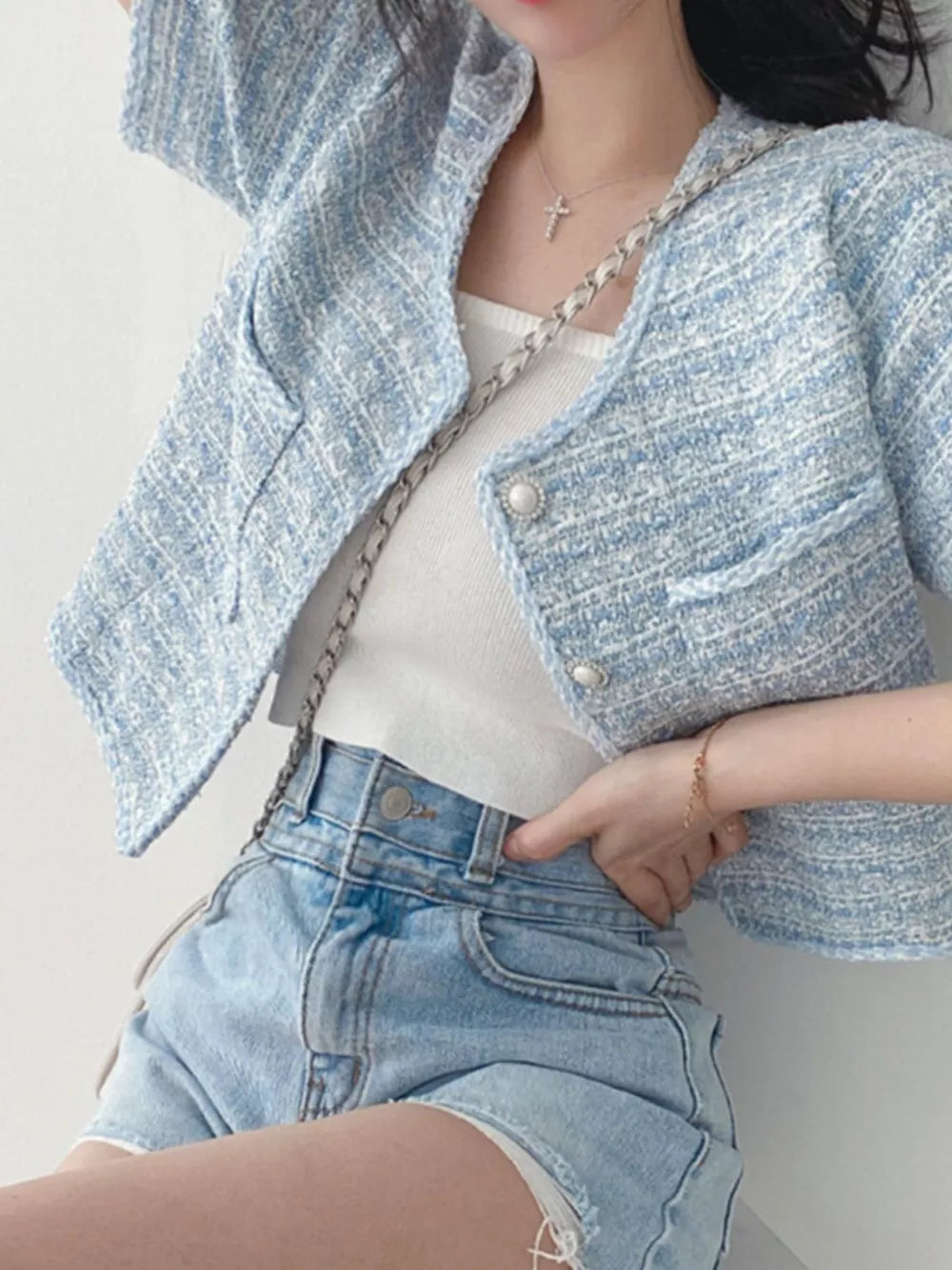 Pearl Button Short Sleeve Tweed Jacket, model styling view