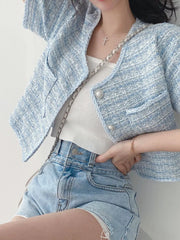 Pearl Button Short Sleeve Tweed Jacket, model styling view