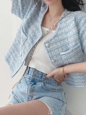 Pearl Button Short Sleeve Tweed Jacket, model styling view