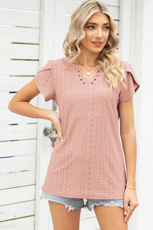 Dusty Pink eyelet detail flutter sleeve top with V-neck and short sleeves.