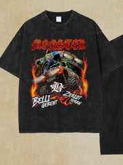 Black vintage wash graphic tee with monster trucks and flames.