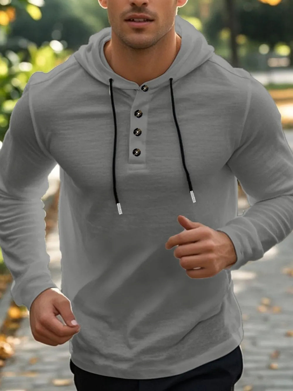 Gray hooded henley shirt with button placket and drawstring, long sleeves, linen blend
