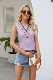Lilac perforated knit tank top with embroidered V-neck trim and a casual fit.