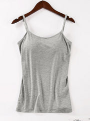 Gray soft-cup cami with adjustable straps and a scoop neckline.