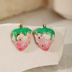18k gold strawberry charm earrings with pink and green enamel and gold details