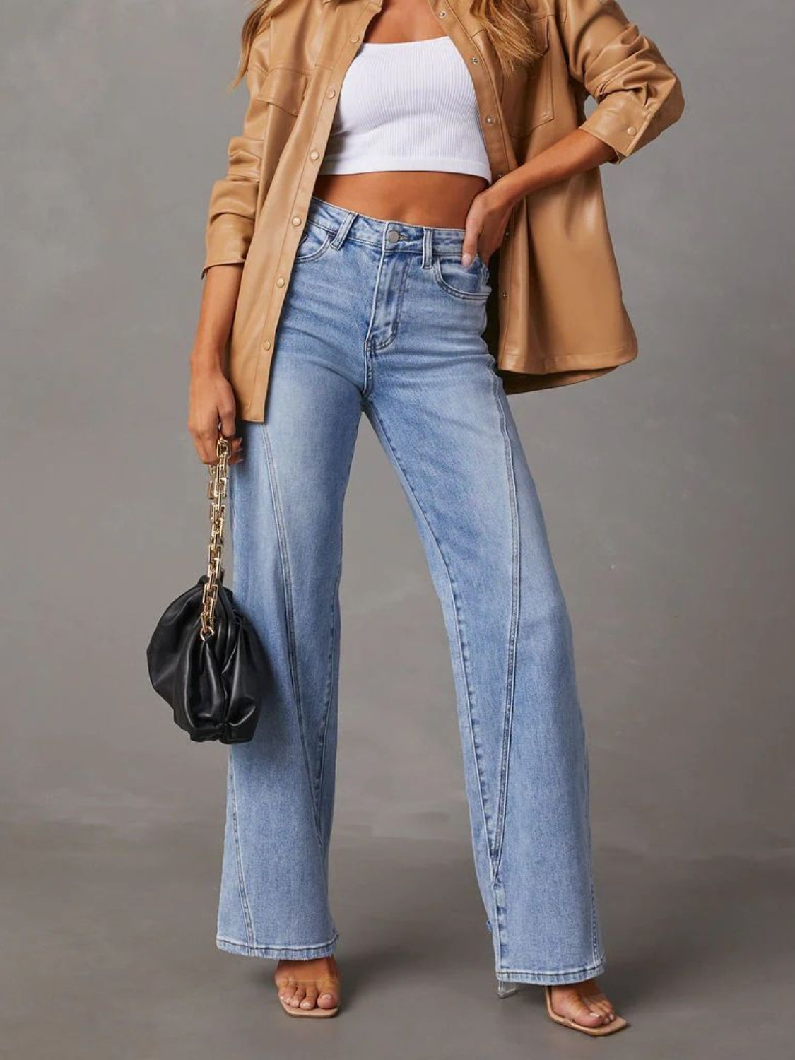 Light wash denim wide leg jeans with panel seams