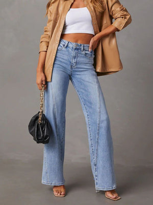 Light wash denim wide leg jeans with panel seams