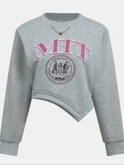 Grey asymmetrical cropped sweatshirt with MIT graphic, crew neck, and long sleeves.