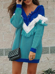 Turquoise V-neck knit dress with bold colorblock and fringe detail