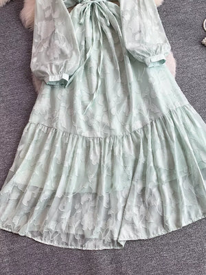 Light Green embroidered tie-waist dress with sheer sleeves and tiered hem