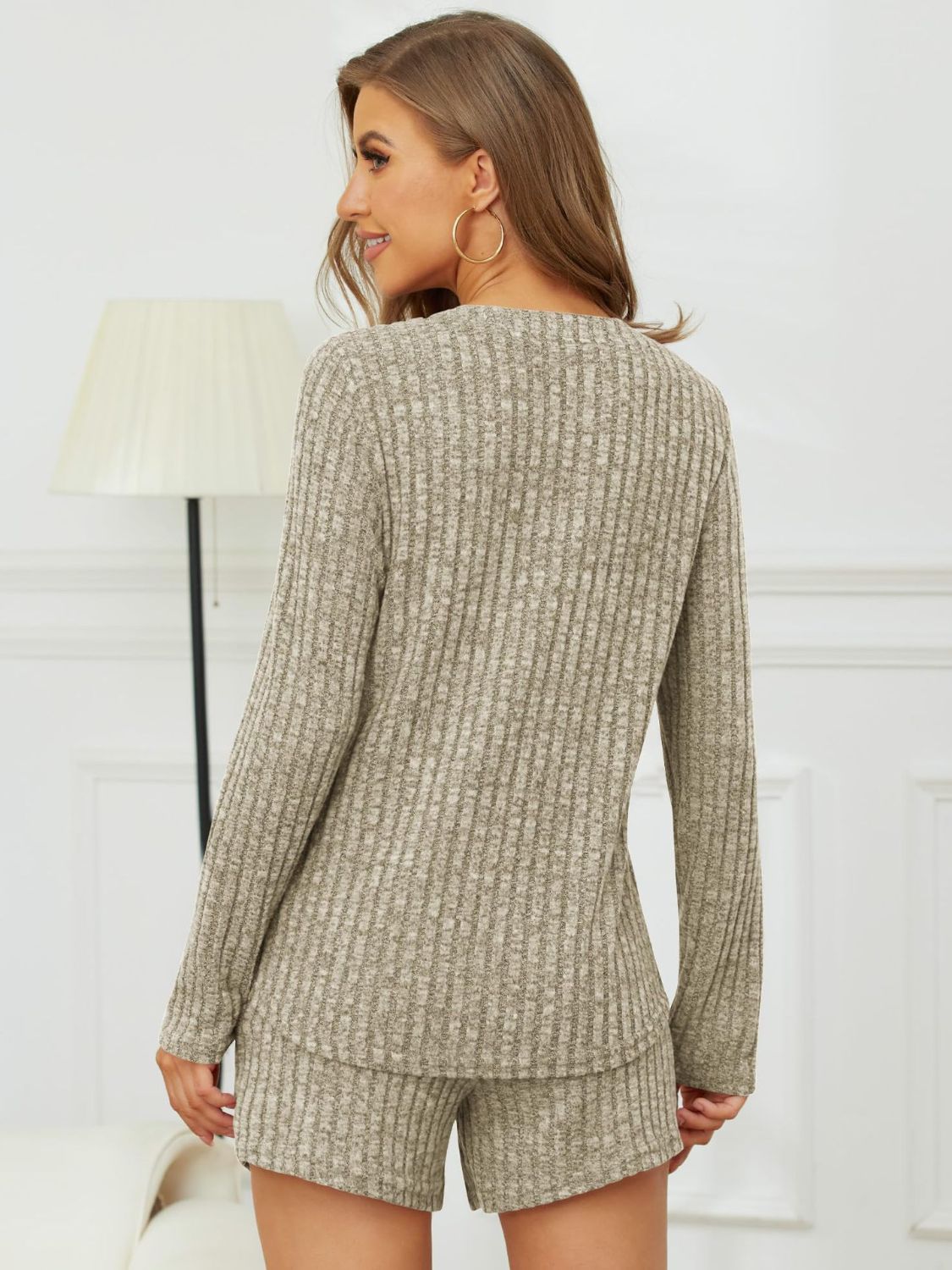 Henley ribbed lounge set in heathered green with long sleeves and shorts.
