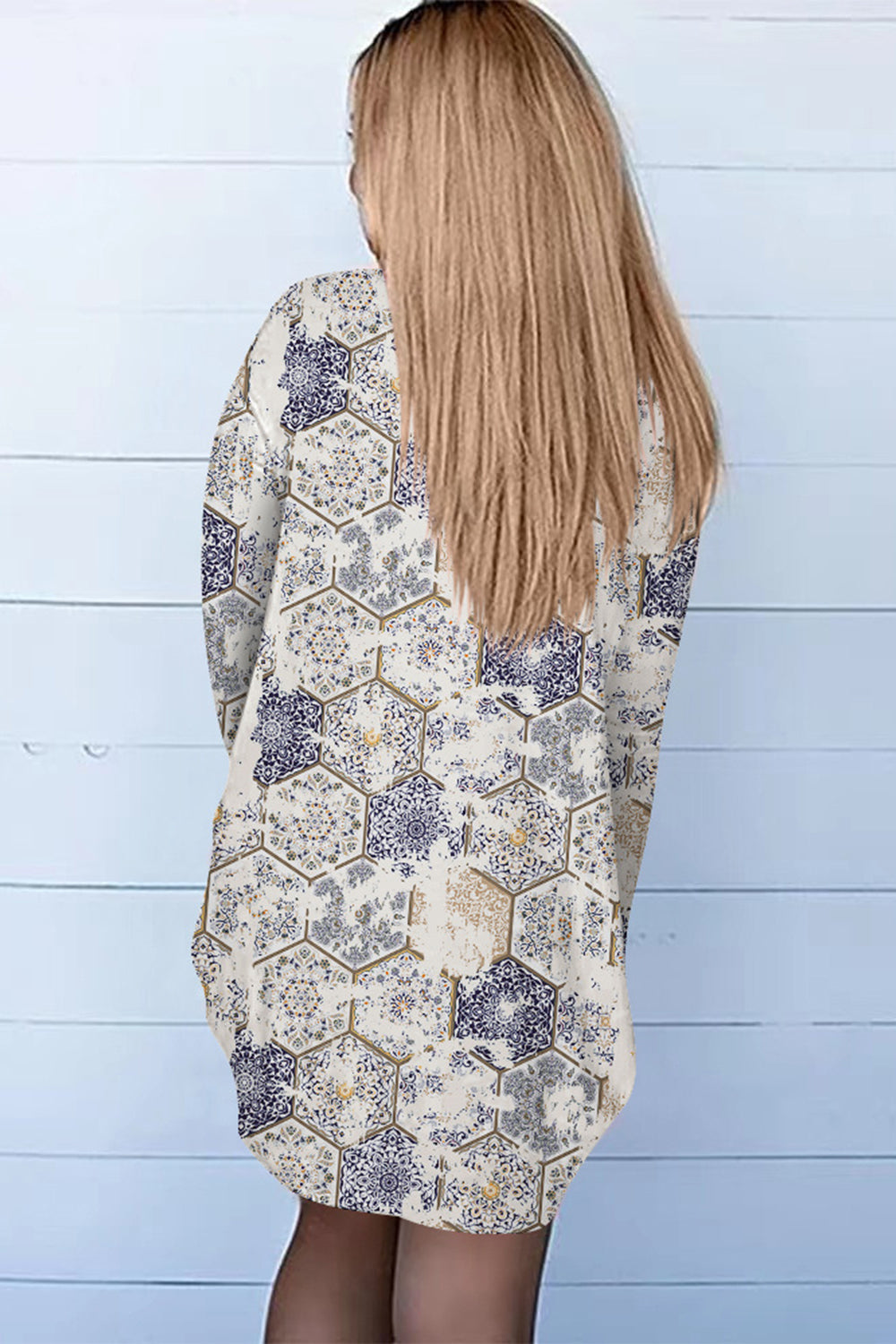 Open-front duster cardigan with a beige, blue, and gold geometric tile print.