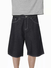 Men's casual cotton denim shorts in dark wash with white stitching and a relaxed fit.