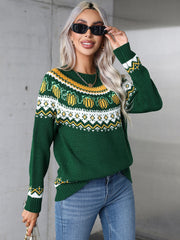 Dark green acrylic crewneck sweater with autumnal Fair Isle pattern and ribbed cuffs.