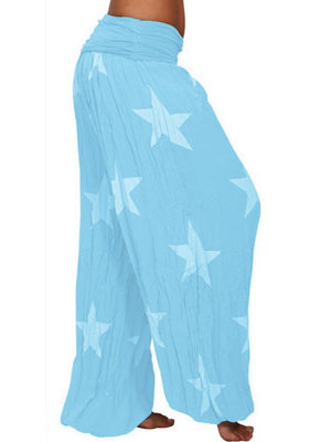 Pastel blue harem trousers with white star print and gathered waist