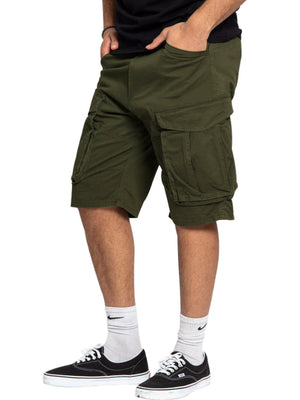 Army green cargo shorts with multiple pockets, shown on a man wearing black sneakers and white socks.