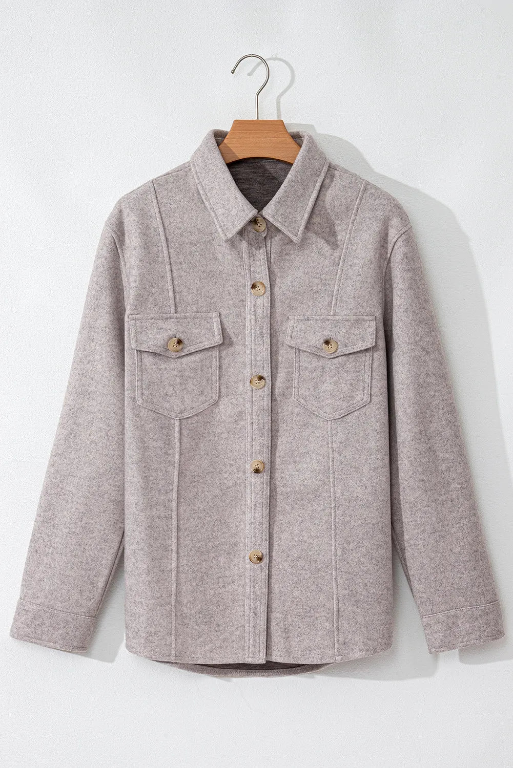 Fleece utility shirt jacket in Dust Storm with buttoned chest pockets and front buttons.