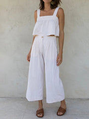 White linen crop top and culotte co-ord set with button detail