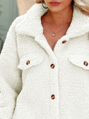 White teddy texture shacket with button front and chest pockets