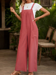 Gathered bodice wide-leg overalls in strawberry with front pockets and a relaxed fit.