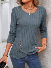 Gray ribbed long sleeve top with round neck and three decorative buttons on the side.