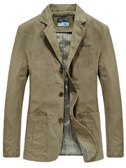 Khaki cotton lapel collar blazer with buttoned front and striped lining.