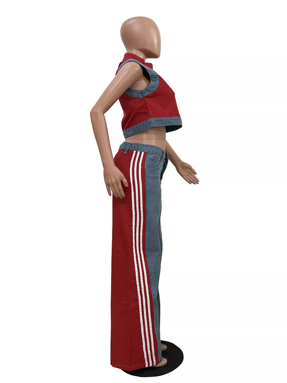 Red zip-front crop top and wide-leg pants set with white side stripes on pants.