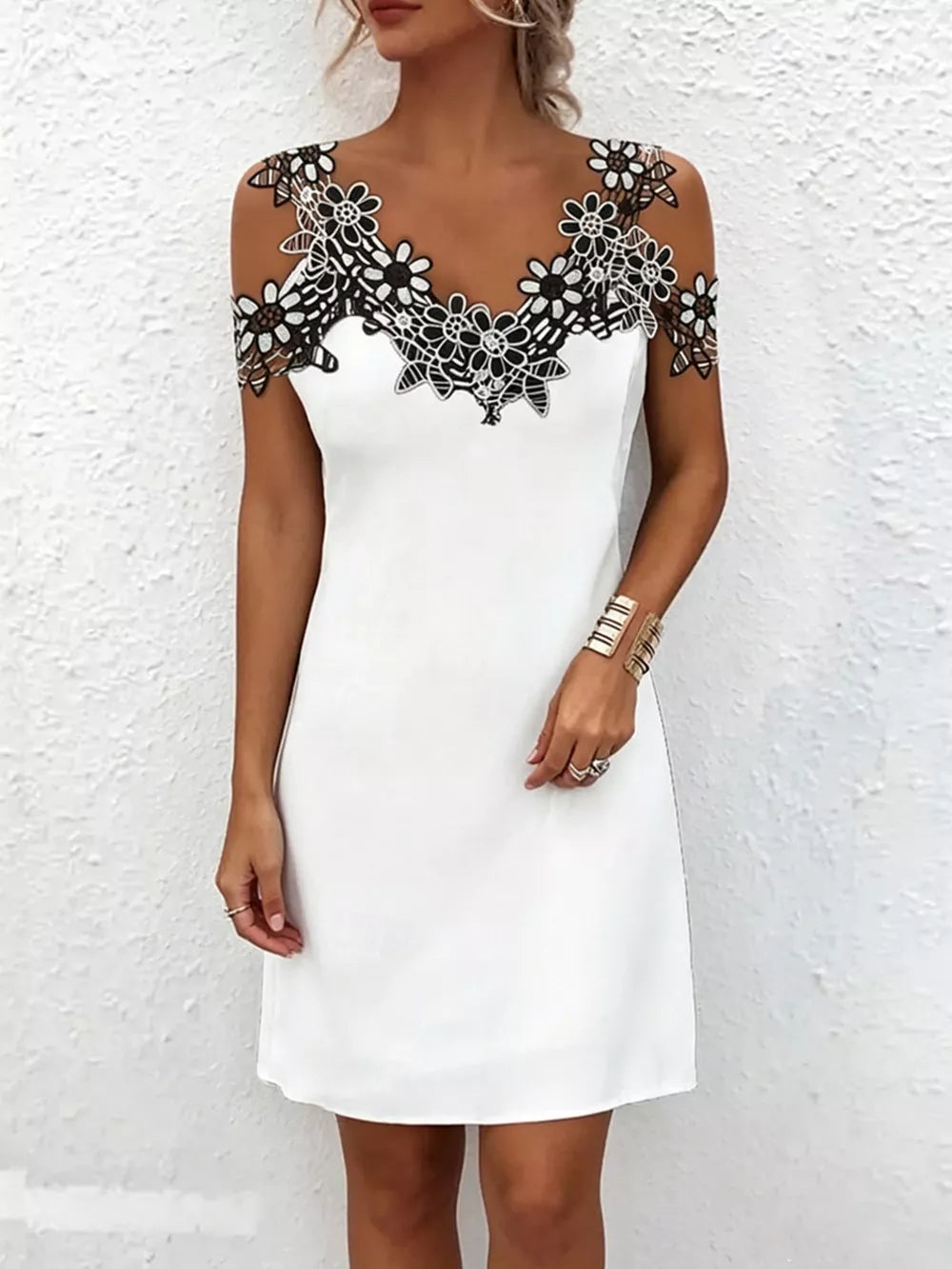 Lace Floral Trim Cold Shoulder Mini Dress in Black, back view