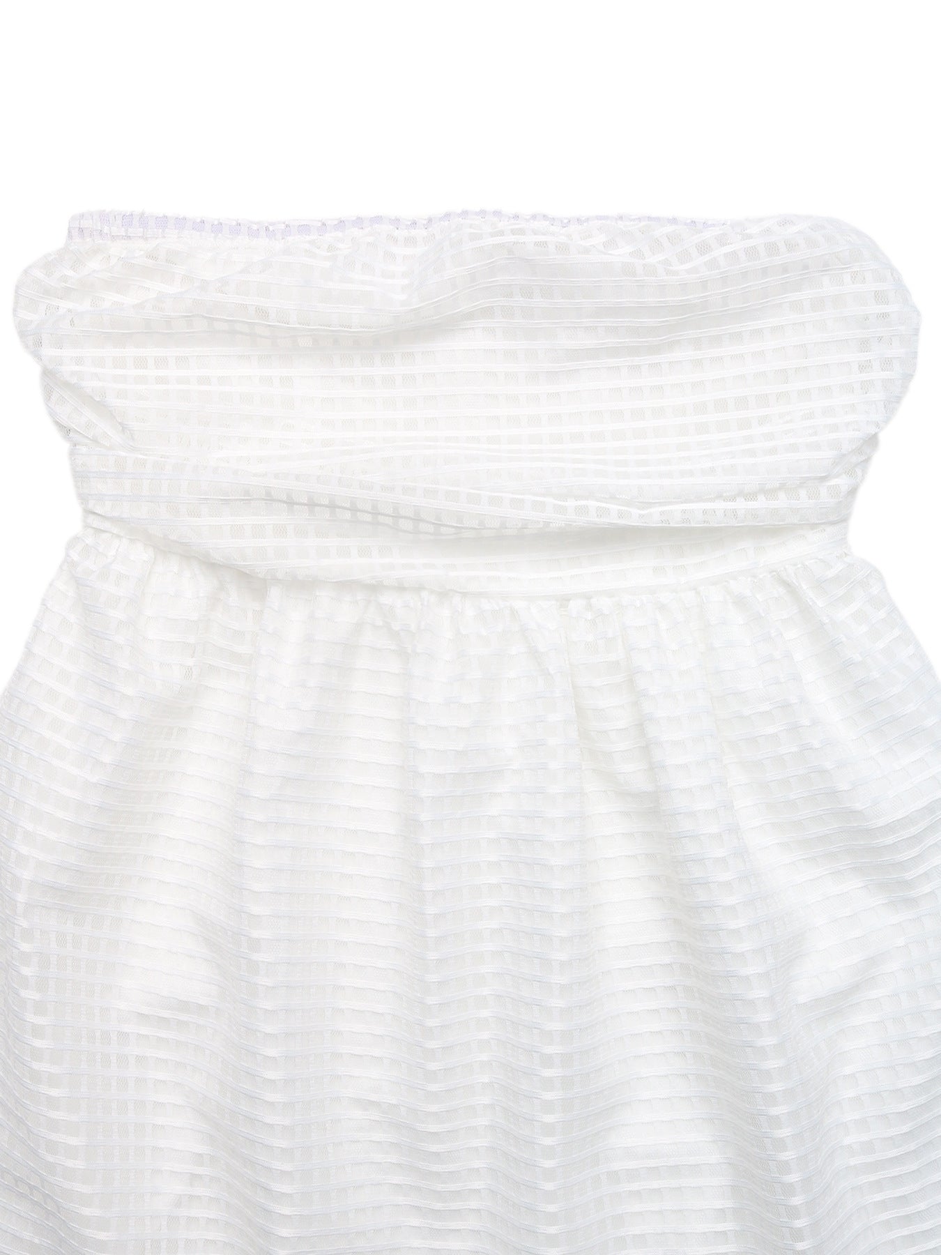 White grid pattern strapless mini dress with cinched waist detail