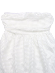 White grid pattern strapless mini dress with cinched waist detail