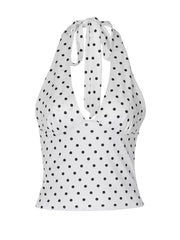 White polka dot halter cami with tie neck
