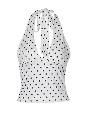 White polka dot halter cami with tie neck