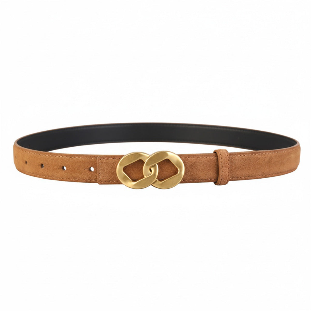 Brown cowhide leather belt with interlocking gold buckle