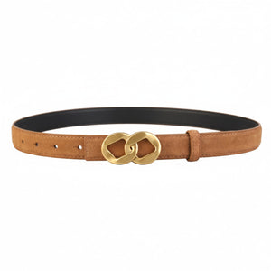 Brown cowhide leather belt with interlocking gold buckle