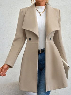 Dust Storm draped collar flare-hem coat with double button closure and wide lapels.
