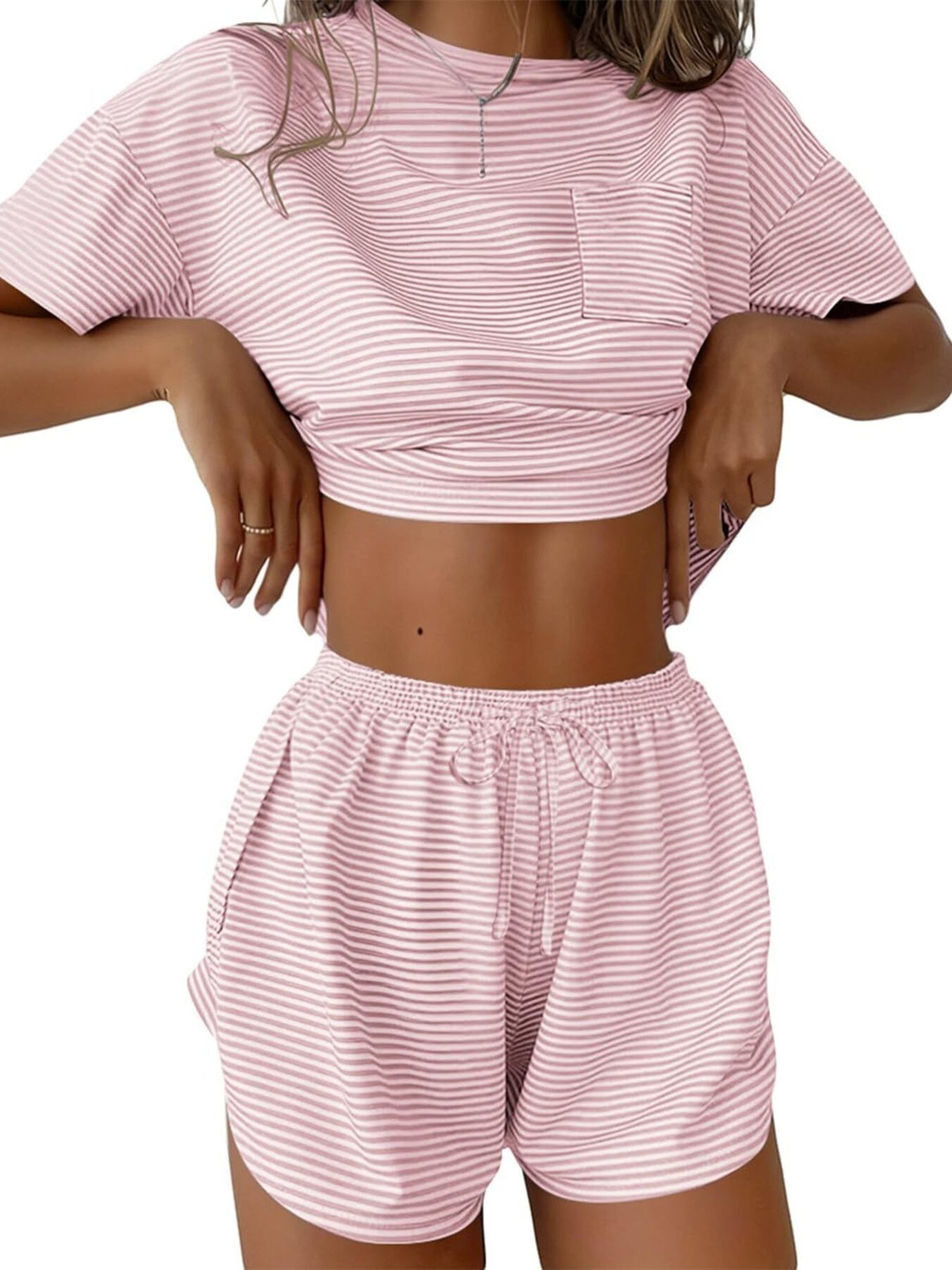 Pink striped pajama set with crop top and drawstring shorts