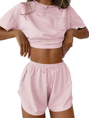 Pink striped pajama set with crop top and drawstring shorts