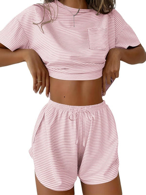 Pink striped pajama set with crop top and drawstring shorts