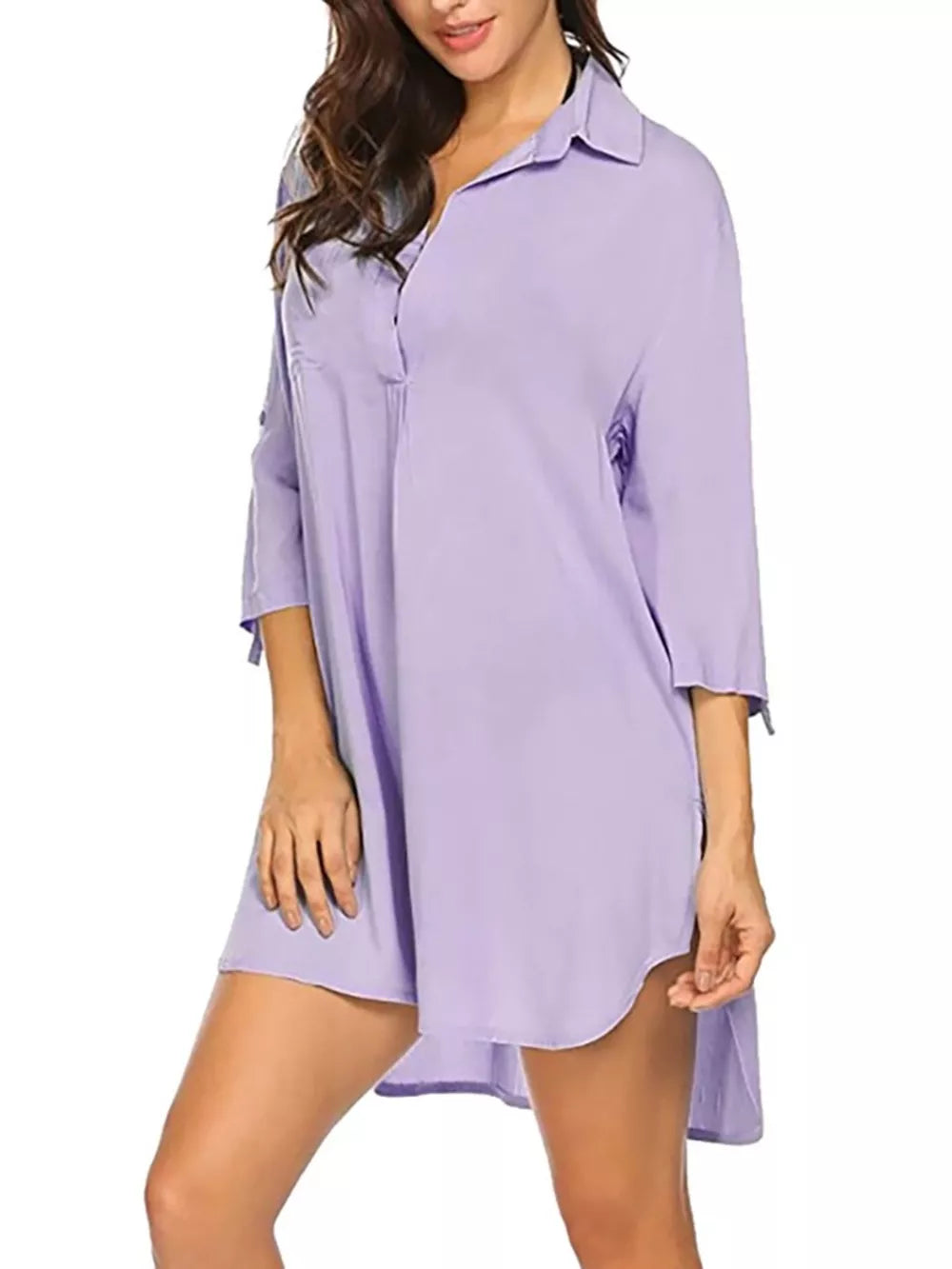 Oversized collared shirt in light purple polyester with 3/4 sleeves and a high-low hem.
