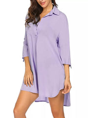 Oversized collared shirt in light purple polyester with 3/4 sleeves and a high-low hem.