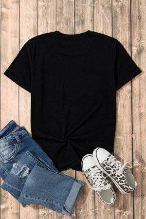 Black short sleeve t-shirt with rolled cuffs and a twisted hem detail.